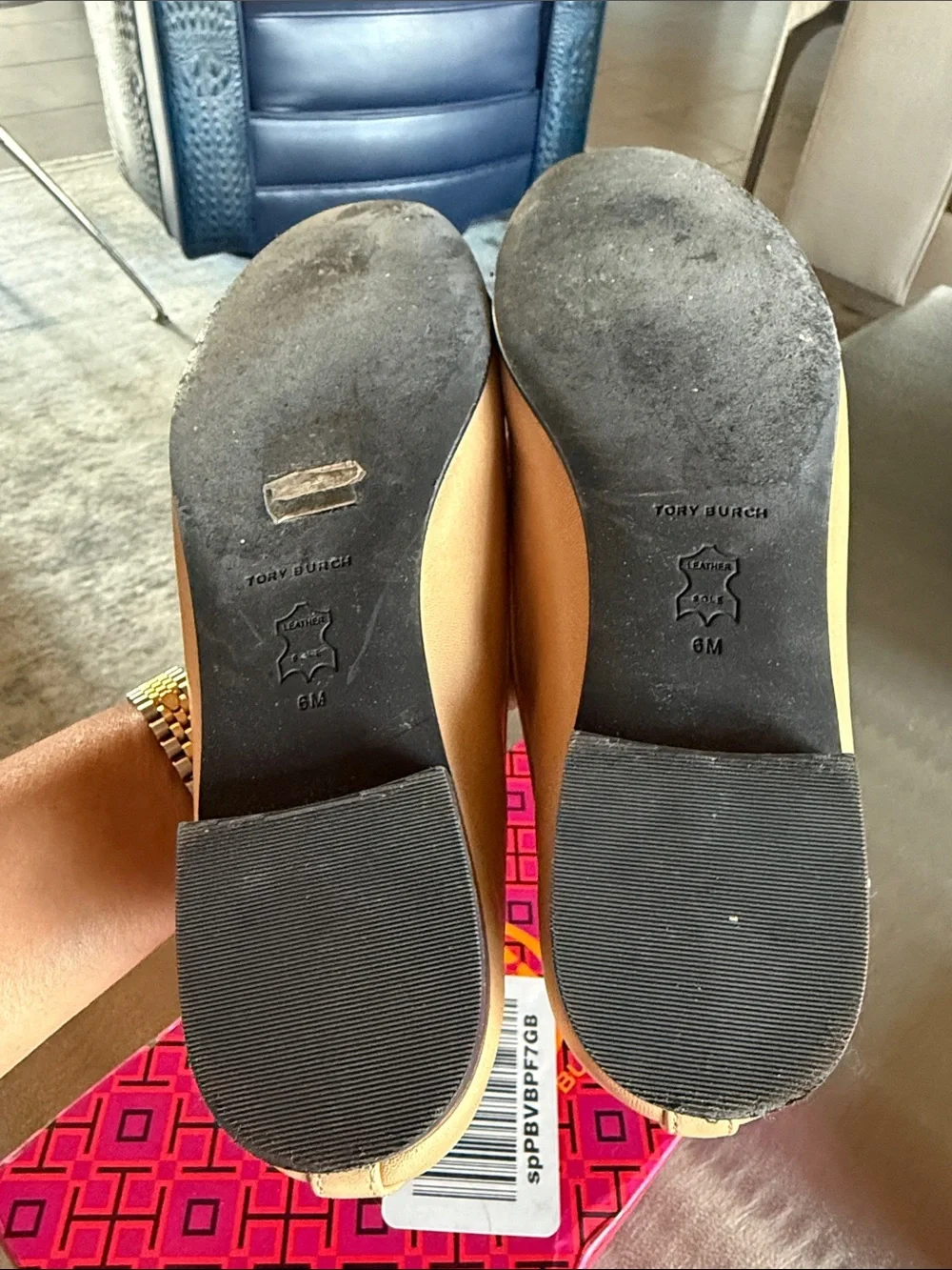 Tory Burch Two-Tone Black and Beige Cap Toe Leather Ballet Flats